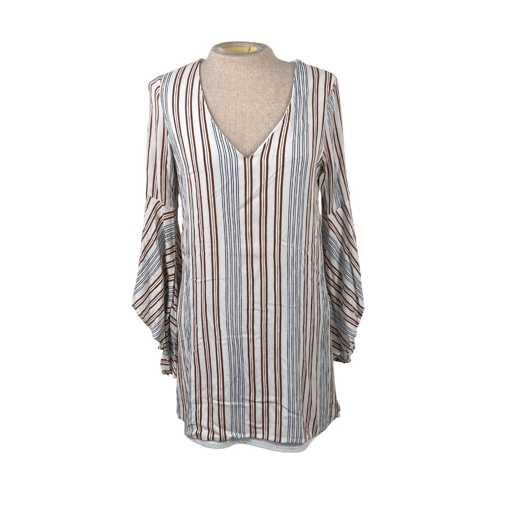 Altar'd‎ State Womens Striped Bell Sleeve V-Neck Mini Dress Brown Blue Small